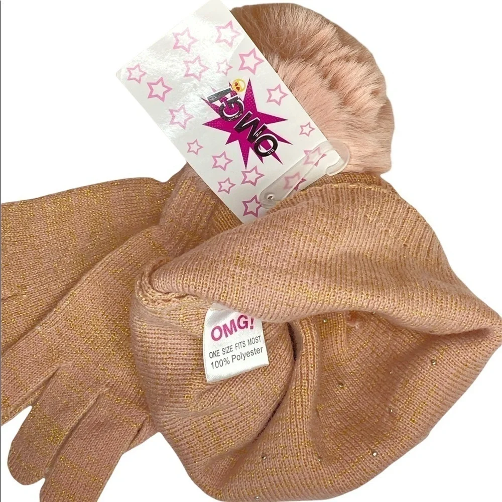 Nordstrom OMG pink knit pom pom hat with pearl accents and matching knit gloves